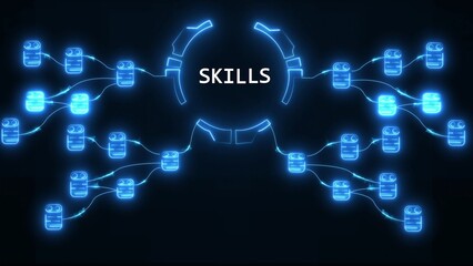 Glowing blue neon skills network diagram with interconnected nodes on black background technology connection