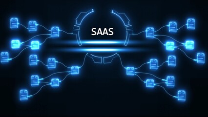 Neon blue network of connected digital blocks with S A S text in center technology connection