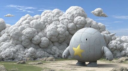 Cute, gray robot amidst a large cloud of smoke
