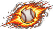 © prawiroz - Baseball ball engulfed in fiery orange flames and billowing smoke hurtles forward, creating a dynamic and energetic illustration suitable for sports-themed designs and promotional material.