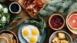© Alena - Delicious breakfast spread with eggs, croissants, fruits, toast, and vegetables. Christmas Breakfast and Brunch Ideas. warm cozy holiday Christmas. concept of holiday treats