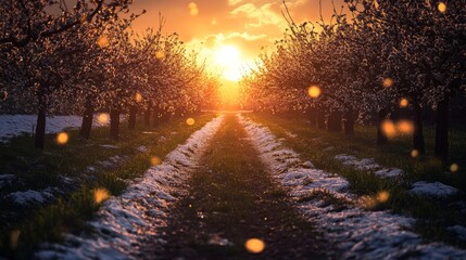 Wall Mural - a serene path through blossoming trees illuminated by a golden sunset. nature unfolds in vibrant col