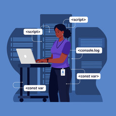 Female programmer coding on a laptop amidst server racks, with programming tags displayed around her