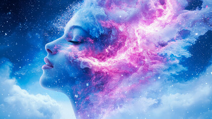 Wall Mural - Visionary portrait of woman's profile, her form dissolving into vibrant blue and magenta nebula clouds, speckled with stardust, against expansive celestial backdrop, representing inner cosmic journeys