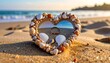 © Fari - Heart-shaped seashell craft on sandy beach with ocean reflection