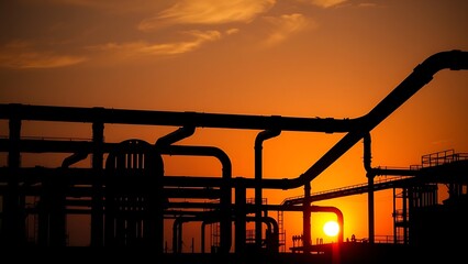 Abstract industrial silhouette against a sunset sky, featuring geometric pipe structures in artistic patterns.