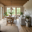 © Veggymulyanto - Light-filled, modern farmhouse dining and living area with natural elements.