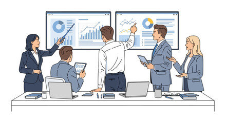 business presentation professionals analyzing data  charts at meeting using tablets and laptops for collaboration perfect for corporate strategy
