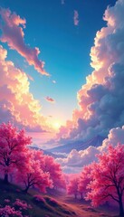 Wall Mural - Abstract swirling sky, vibrant hues suggest blossoming flowers , artistic, graphic, galaxy