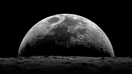Lunar crescent, a high-resolution image, against a dark backdrop.  Lunar surface textured with craters