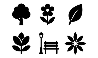 Green nature icons set featuring trees, flowers, and park elements