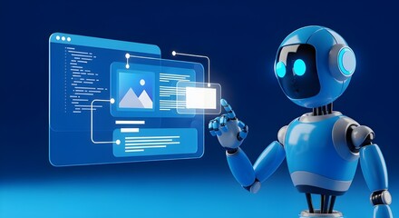 Blue robot interacting with holographic digital interfaces on a blue background artificial intelligence