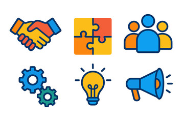 Business and teamwork flat icon set. featuring handshake, puzzle, group, gears, lightbulb, megaphone symbols