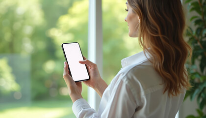 Woman holding smartphone with blank screen. Back view of female using mobile phone for app design, website mockups, product presentation. Bright natural light, indoor setting, blurred green
