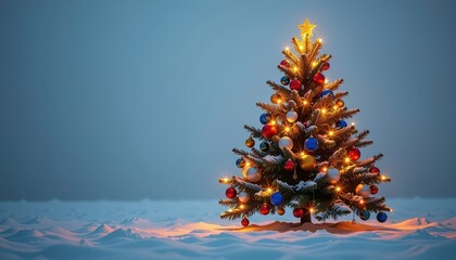 Wall Mural - A single, perfectly formed Christmas tree stands alone in a snowy field, its branches laden with glistening ornaments and twinkling lights, xmas, outdoors, stock photo