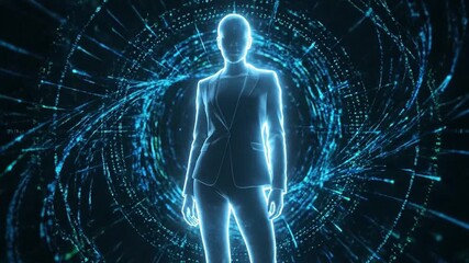 Futuristic Hologram Businesswoman Silhouette with Digital Particle Stream, Elegant and Modern