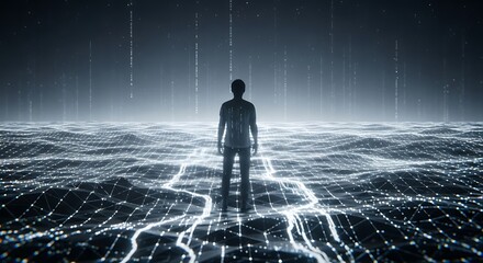 Lone figure stands amidst glowing digital network waves and falling binary code, embracing the future of technology and innovation.