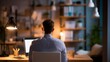 © Rifqi - Back view of man working on laptop in cozy home office with warm light from desk lamp, concept for remote work, online education and home improvement