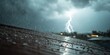 © Rifqi - Raindrops on roof with lightning strike illuminating storm clouds above cityscape during severe weather, concept for climate change visualization, nature disaster illustration and extreme weather