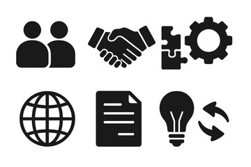 Business silhouette icon set. featuring team, handshake, puzzle, gear, globe, document, light bulb, refresh