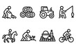 © Farid - Leisure activities linear icon set. featuring gardening, camping, fishing, horse riding, and cycling symbols