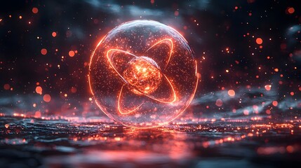Wall Mural - Abstract glowing atomic sphere with orbiting particles and energy rings on a dark cosmic background