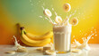 © Pete - Creamy banana milkshake splashes with fruit slices exploding from glass. Yellow, orange, green background. Fresh ingredient for healthy breakfast smoothie, dieting meal, or refreshing summer cocktail.