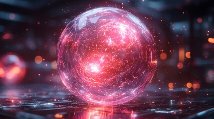 Wall Mural - A glowing spherical energy core with orbiting particles in a futuristic digital environment