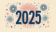 © Pete - Illustration of year 2025 heralded by festive fireworks display. Red, blue, white colors dominate abstract graphic design. Sparkling bursts, confetti shapes, star elements create vibrant, celebratory