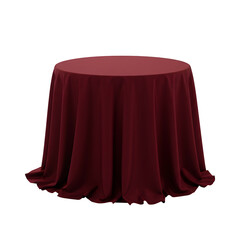 Maroon draped round table, isolated on white or transparent background, PNG format.