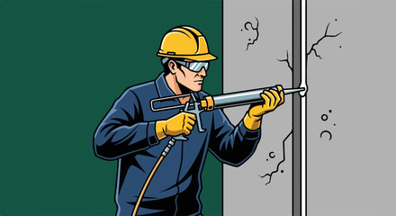 Concrete repair worker carefully repairs cracked wall using injection gun. Concrete repair man is applying epoxy resin mortar, construction worker performing wall maintenance.