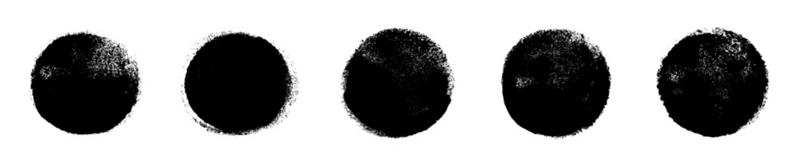 Wall Mural - Brush stroke circle stamps. Black ink texture. Grunge splash element. Vector scribble border. Pencil dot sketch. Dirty background. Distressed frame. Retro design. Abstract shape. Rough brush splash bg
