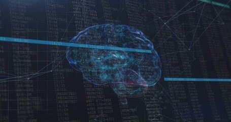 Wall Mural - Floating 3D brain hologram pulsing in dark code field showing highlighted data bars, network nodes