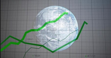 Wall Mural - Displaying bold, thin green trend lines traversing Earth globe on grid display, with numeric labels
