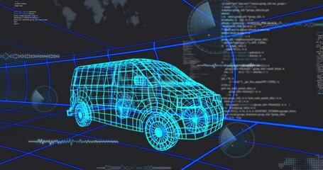 Wall Mural - Rendering wireframe van rotating inside grid tunnel, showing code overlays and world map silhouette