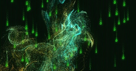 Wall Mural - Forming teal gold particle cloud swirling over vertical stripes, with cascading green binary digits