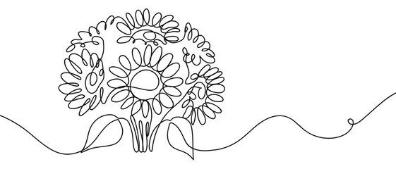 Wall Mural - Continuous line of sunflower bouquet. Simple art line. Doodle vector. Editable stroke.