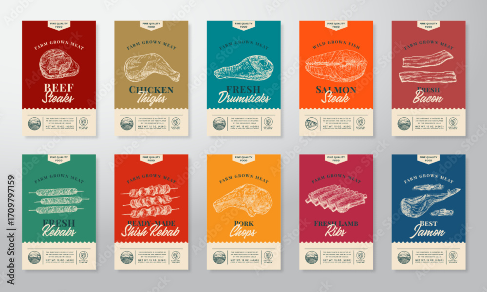 Meat, Fish, Poultry and Kebabs Abstract Vector Packaging Labels Design ...