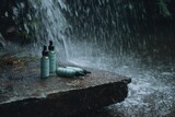 Small bottles of skincare products sit on a rock by a waterfall
