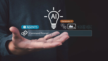 A person’s hand extends, presenting a futuristic interface with AI-related icons, a command prompt, and 