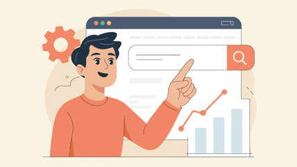 Man pointing at browser window with search bar and graph vector