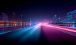 © ikril - Curved highway glowing with red and blue light trails at night, symbolizing high-speed travel and futuristic motion. The dark background contrasts with neon lights creating a vibrant visual effect. Pe