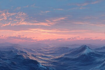Wall Mural - Dramatic panorama of sea waves reflecting dawn's colors over the horizon with a serene atmosphere and gentle movement of water