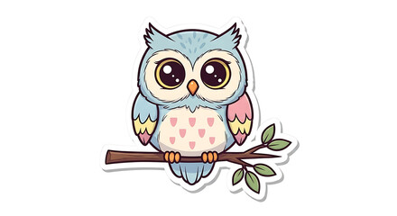 Cute cartoon owl with big eyes and colorful feathers sitting on a tree branch, depicted as a sticker illustration.