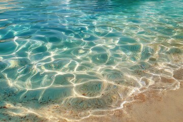 Wall Mural - Tropical beach with clear turquoise water and gentle waves lapping against sandy shore during sunny daytime