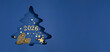 © prime1001 - Festive wide composition with cut-out Christmas tree and golden number 2026, decorated with Christmas tree decorations, stars and glitter on blue background, creates a New Year's holiday atmosphere.