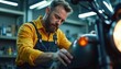 © Pete - Focused technician in yellow shirt, overalls performs motorcycle oil change in auto repair shop. Mechanic uses tools for vehicle maintenance, engine service. Grimy, hard-working pro at occupational