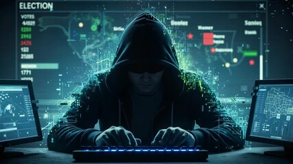 Hooded figure engaged in intense data analysis at dual monitors, surrounded by digital graphics, illustrating the dynamic process of cybersecurity and information manipulation