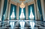 Grand ballroom interior with Rococo style features. Teal drapes frame large windows. Crystal chandelier hangs above black, white marble checkered floor. Ornate columns, gold trim adorn walls,