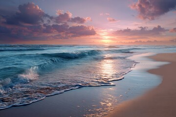 Wall Mural - Mesmerizing tropical beach at sunset with gentle waves lapping the shore under a colorful sky in the background